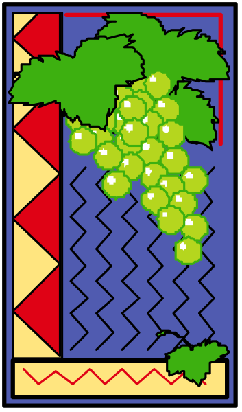 The image shows a pixelated representation of an indoor scene with a blue wall on which hangs a framed picture depicting grapes in various stages of ripeness; to its right is another frame showing what appears to be green plants, possibly herbs or spices given their shape and color. Below these frames are two red rectangles resembling candles placed symmetrically at the bottom corners on either side of a central vertical line that divides them into four sections each containing three white circles; above this arrangement is an abstract design in shades of blue, green, yellow,