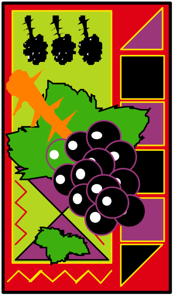 The image shows a colorful banner with various items on it including grapes, musical notes, an airplane, and other decorative elements such as stars and stripes in red white blue yellow green purple black orange pink beige gray brown tan peach cream colors against darker backgrounds.