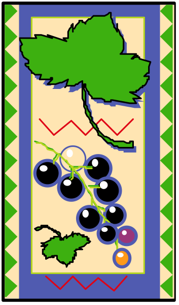 The image shows a vertical scroll with various fruits such as grapes, berries, cherries, apples, bananas, an orange slice, and possibly other items like leaves at its top; it is framed by decorative borders that include vines or branches on either side of the fruit display.
