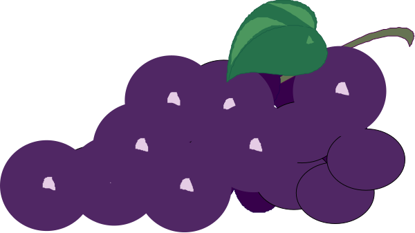The image shows a cartoon of grapes with leaves on top forming an illusion that it's a bunch of purple fruit in front of them; there is no text present within this small clip-art illustration, and all elements depicted here pertain to food items or their representation as such.