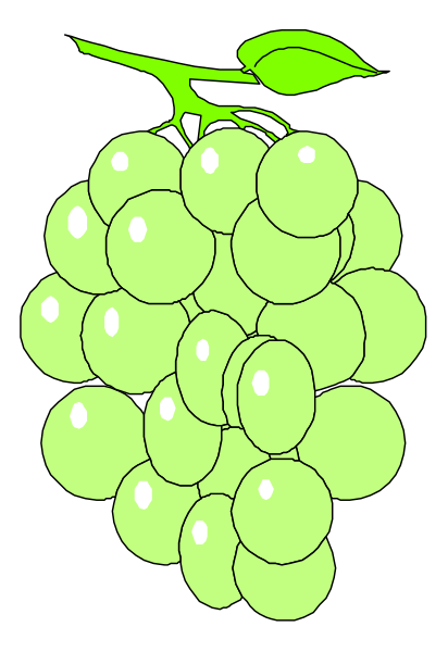 The image shows a bunch of green grapes with leaves attached to them on top left corner against black background.