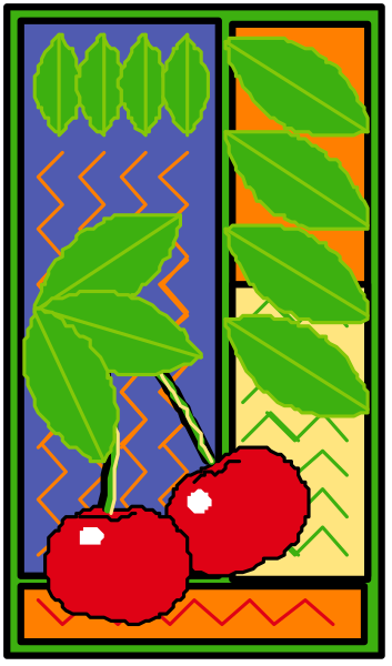 The image shows a colorful vertical strip with three cherries on top of it against an orange background; below them is green foliage that resembles leaves from plants like cherry trees.