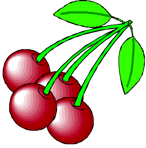 The image shows a sequence of two pictures featuring cherry blossoms with green leaves against different backgrounds: 1) A close-up view showing three red cherries on stems in front of black space, and 2) An overhead shot displaying multiple clusters of blooming flowers set against the same dark backdrop. The images are simple digital illustrations without any additional context or setting provided within them. There is no text present to provide further information about actions being performed by objects or people depicted herein.