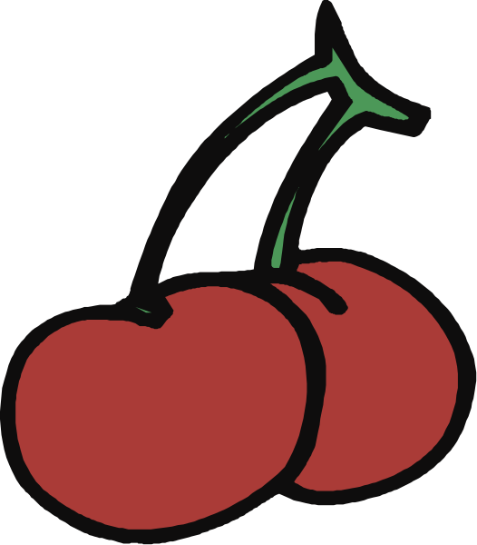 The image shows a cartoon cherry with an exaggerated stem on top of it that resembles a banana peel in red coloring against a white background.