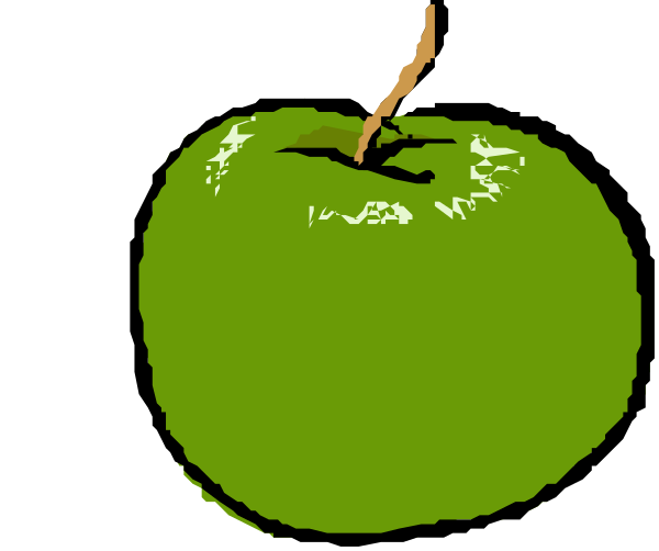 The image shows a green apple with an illustration of its stem on top against a black background.