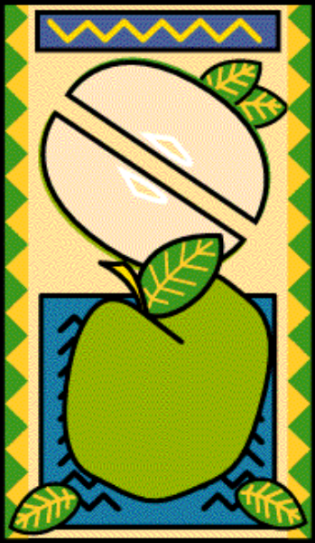 The image shows a stylized depiction of an apple with leaves on it inside what appears to be a banner-like frame that has geometric patterns around its edges; there is no text present in this clip-art version, and only one object (the fruit) can confidently be identified.
