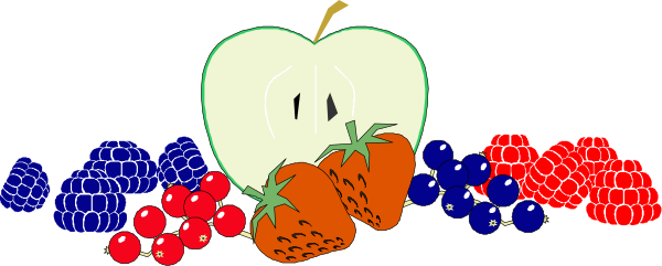 The image shows a colorful assortment of fruits including apples, carrots, broccoli, strawberries, blueberries, grapes, bananas, pineapple, peppers in various shades and sizes, all depicted against a dark background with white outlines to define the shapes.