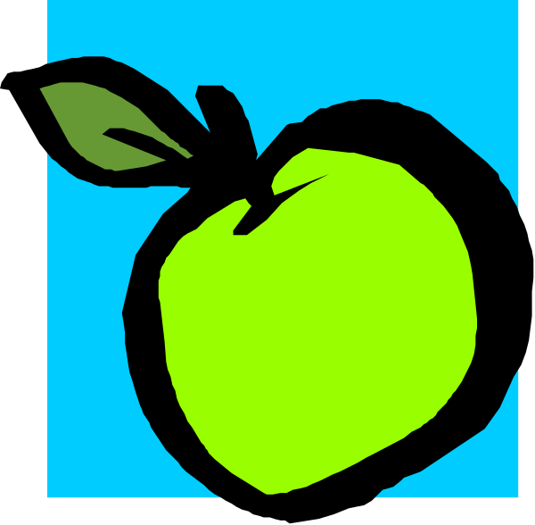 The image shows a stylized graphic of an apple with leaves on top against a blue background; it is simple yet colorful clip-art design that resembles a real fruit but has been simplified for artistic purposes, and there's no text or additional elements present in the picture.