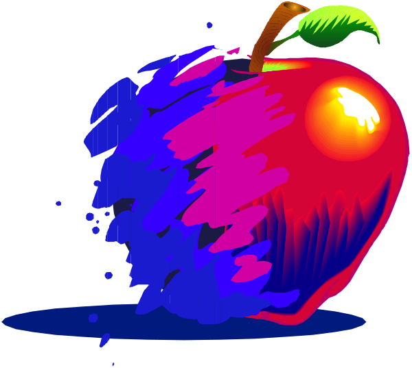 The image shows a colorful apple with an eye design on it being blown by blue liquid from another similar but smaller colored apple to its right in what appears to be a cartoon-style illustration set against a black background, giving no additional context about setting or action beyond these elements and their immediate interaction.