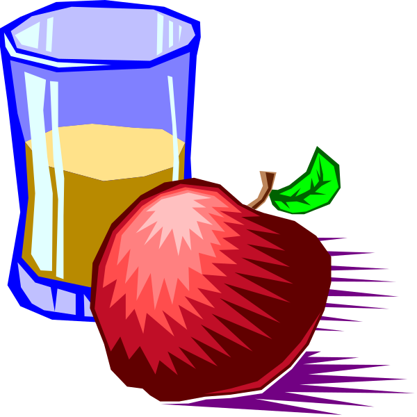 The image shows a cartoon depiction of an apple on top of a table next to two glasses filled with orange liquid that resembles juice; there is no text present in this clip-art illustration, and it appears to be set indoors during daylight hours based on the lighting.