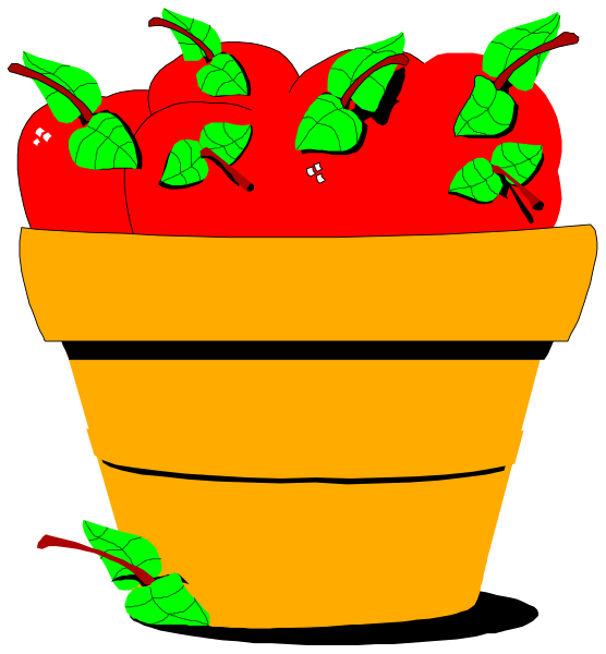 The image shows a cartoon of an orange bucket filled with red apples that have green leaves on them placed next to another similar basket containing more apples in various stages of ripeness; both baskets appear fresh and vibrant, suggesting abundance and harvesting seasonality.