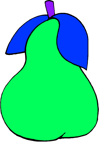 The image shows a cartoon of an apple with two leaves on top next to another fruit that resembles a pear but is colored blue-green in color.