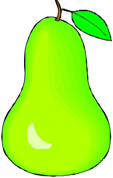 The picture shows a green pear with an apple sticker on it against a gray background.