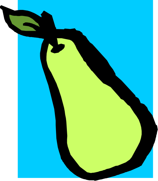 The image shows a cartoon pear with an attached leaf on top of it against a blue background.