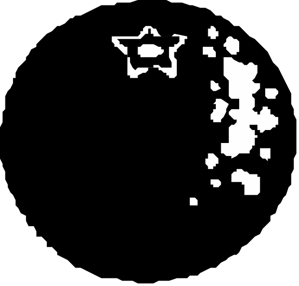 The black and white pixelated image shows a star with two smaller stars nearby on what appears to be night sky background; there is also an abstract shape that resembles snowflakes in lower right corner of screen, suggesting falling snow against dark backdrop.