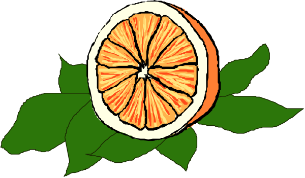 The image shows a slice of an orange with leaves on either side against a black background.