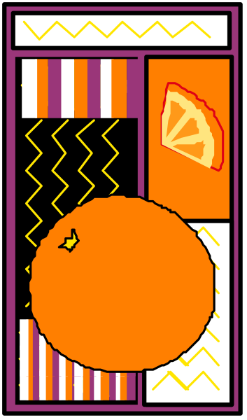The picture shows a colorful collage of various items including an orange slice with two pieces missing on top left corner, slices of pizza in center right area, striped patterns resembling curtains at bottom and background, and geometric shapes forming borders around different sections.