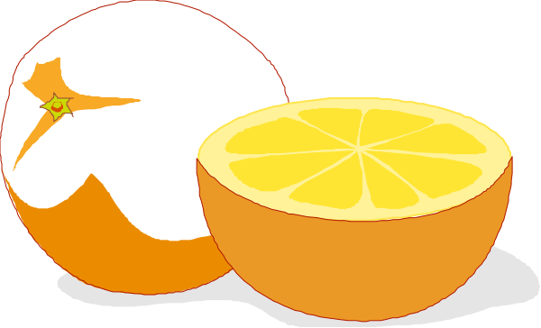 The image shows two sliced halves of an orange with a lemon wedge on top placed next to each other against a black background.