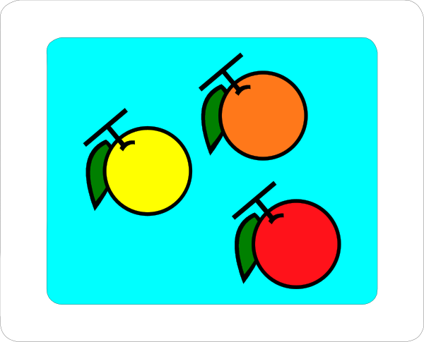The image shows a cartoon of three fruit slices with leaves on top: two orange halves and an apple slice in blue background.