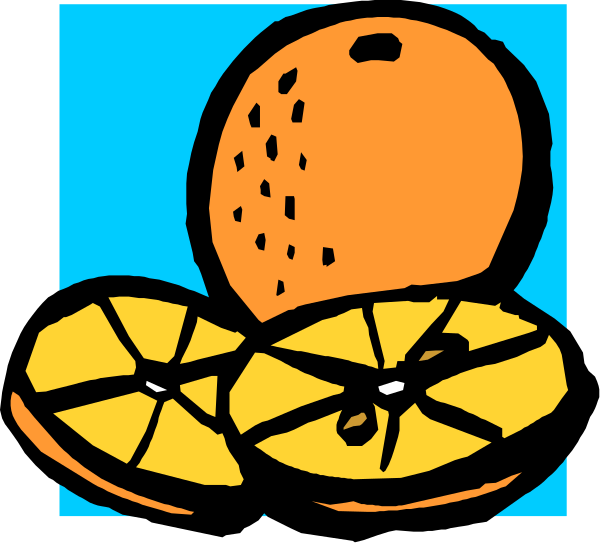 The image shows a cartoon depiction of an orange slice with two slices on either side next to whole fruit pieces that resemble halves of grapefruit; there is no text present in this clip-art illustration, and it appears to be stylized for coloring or decorative purposes.