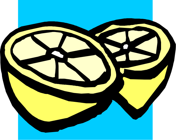 The image shows two slices of lemon with a blue background behind them.