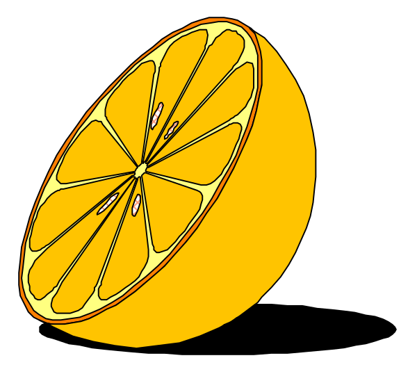 The image shows a slice of an orange with its peel still on it against a black background.