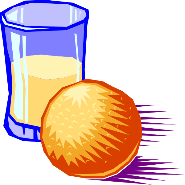 The picture shows a glass of orange juice next to two donuts on what appears to be a tabletop surface with shadows cast by them onto the background.
