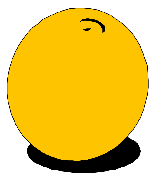 The image shows a simple black and white illustration of an orange with two eyes drawn on it to resemble a face.