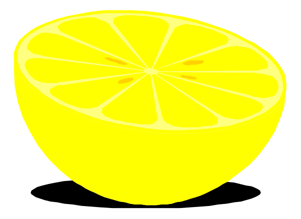 The image shows a slice of lemon with its pulp exposed on top against an orange background that resembles citrus fruit slices in front of it.
