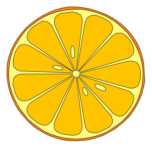 The image shows a slice of an orange with its segments exposed against a black background.