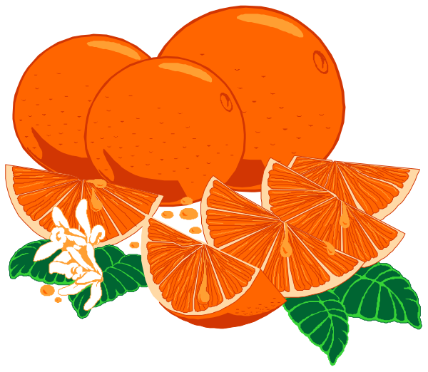 The illustration shows three whole tangerines with slices revealing their juicy interior on a dark background; there is no text present in this image.