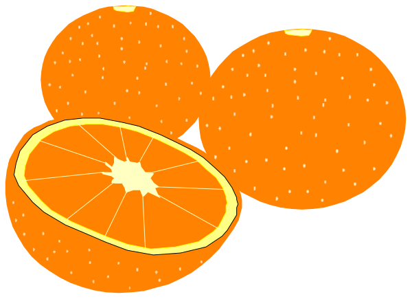The image shows a collection of orange slices with seeds on top arranged to resemble an assortment of citrus fruits such as tangerines and clementine oranges against a white background.
