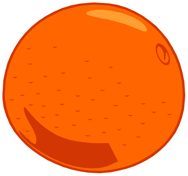 The image shows two red circular shapes with a white outline resembling eyes on either side of an orange sphere that has been cut in half to reveal its interior texture inside one circle.