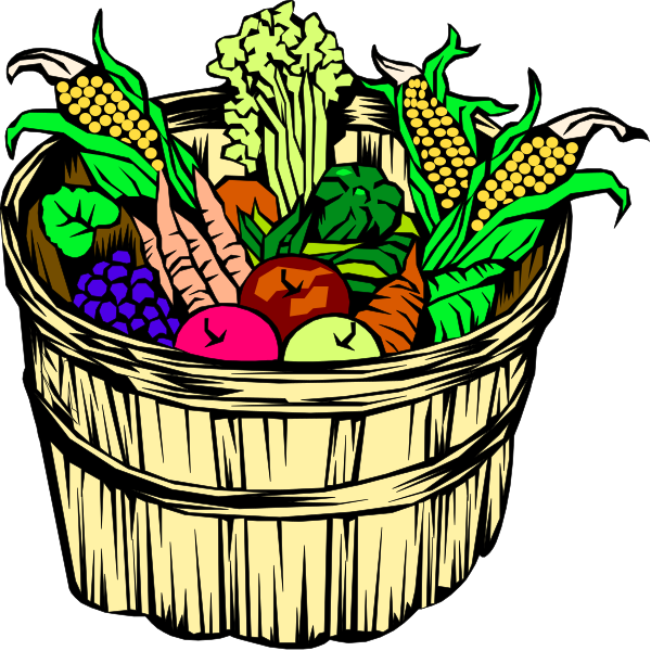 The illustration shows two baskets filled with a variety of fresh fruits and vegetables such as carrots, corn on the cob, apples, broccoli, potatoes, berries, grapes, lettuce, tomatoes, cucumbers, peppers, eggplants, squash, zuchinni, beans, peas, radishes, turnips, and other root vegetables. The baskets are placed on a surface with leaves around them suggesting an outdoor setting like a garden or farm stand.