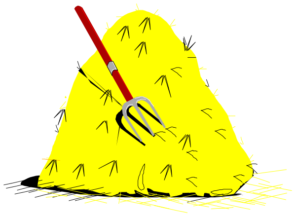 The image shows a cartoon depiction of an overturned yellow bucket with hay spilling out onto what appears to be grassy ground below it; there is also a red shovel resting on top of the bucket, and in front of this scene stands another smaller pile of hay or straw.