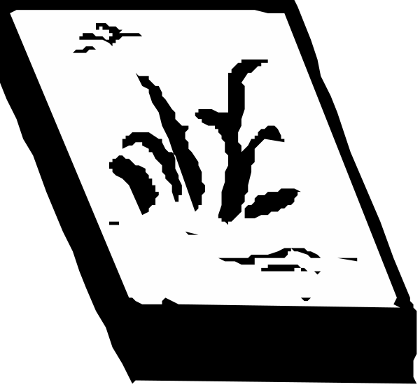 The black and white image shows a stylized depiction of an Asian character that appears to be Chinese scripture with some decorative elements around it on what looks like paper or fabric backgrounds within two rectangles, suggesting this could represent pages from a book or scroll.