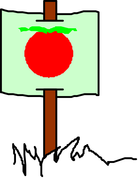The image shows a cartoon of an apple with leaves on top placed above a sign that reads "apple" next to a small flagpole in front of what appears to be a body of water under a dark sky, suggesting it might rain soon.