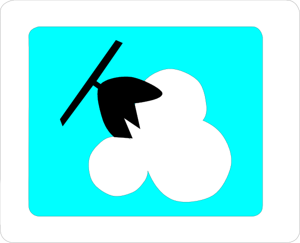 The image shows a cloud with an airplane flying through it against a blue sky background.