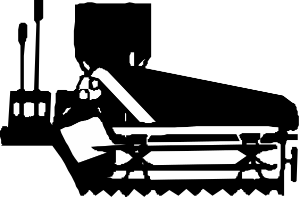 The black and white silhouette of a person sitting on an object that resembles a bench with wheels attached to it in what appears to be a room at nighttime.