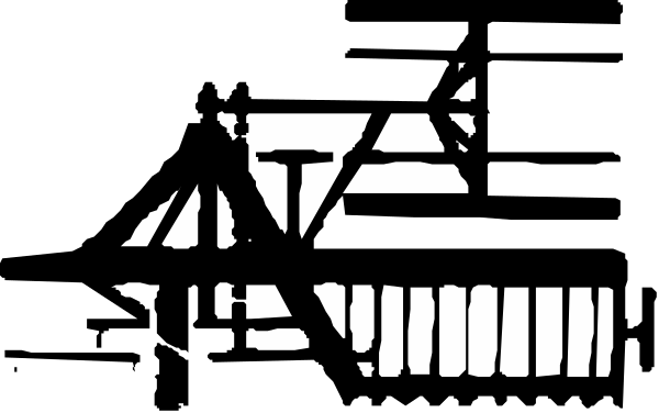The black and white silhouette of a building with multiple levels against an unseen background.