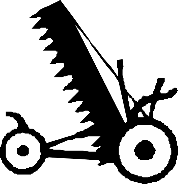 The black and white logo features a pair of scissors with their blades crossed over each other on top left corner; below them is an image resembling a wheelbarrow in bottom right corner.