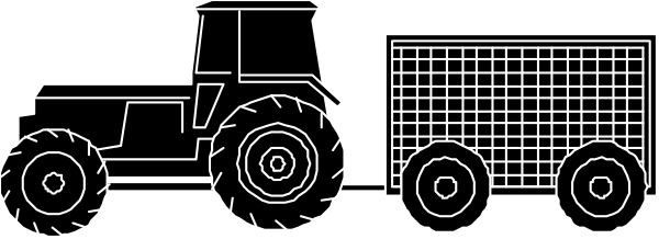 The black and white line drawing shows a tractor pulling an attached trailer with two wheels on each side of it behind what appears to be farm equipment in front.