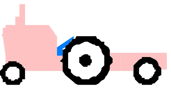 The image shows a pixelated scene with two vehicles: on the left side is an old truck painted pink; to its right stands another vehicle that appears to be pulling it along as if in motion. There's no text present, and there isn't any interaction between objects or people depicted here.