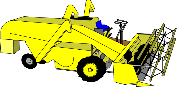 The image shows a yellow tractor with various attachments on it parked indoors next to some farm equipment.