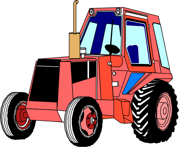The image shows a red tractor with black tires on it parked next to an open field under clear skies during daylight hours.