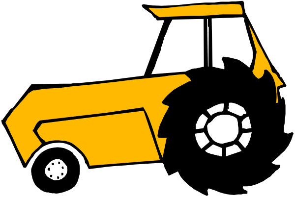The image shows a yellow tractor with black tires on it parked next to an orange building.