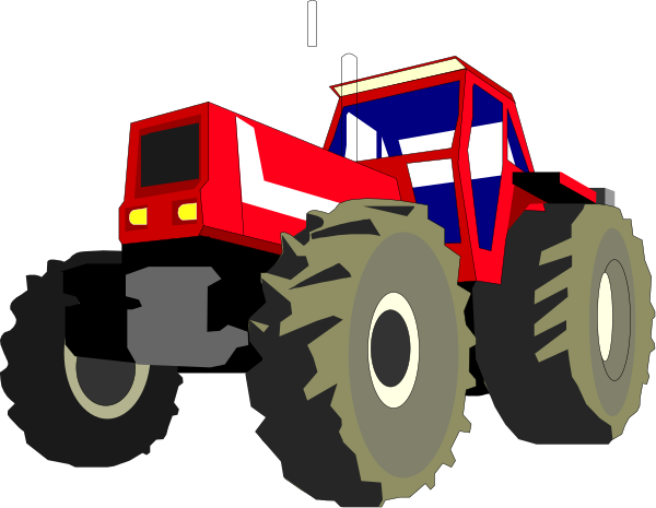 The image shows a red tractor with large black tires on it parked next to an open field under clear skies during daylight hours.