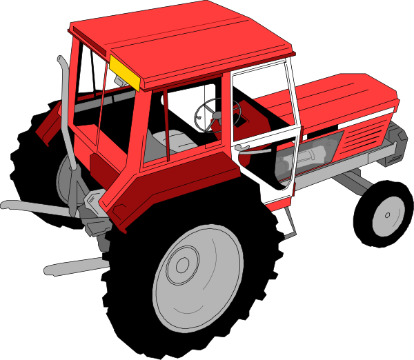 The image shows a red tractor with two wheels visible on its side parked against an unseen background.