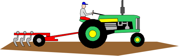 The image shows a farmer on his tractor plowing through fields with an implementor behind him.