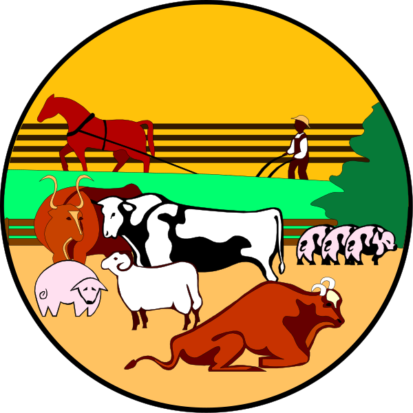 The image depicts a cartoon of farm life with various elements such as cows grazing on grass, sheep standing next to each other in front of trees, horses pulling ploughs behind people who appear to be farmers working their fields, and pigs lying down near barn-like structures.